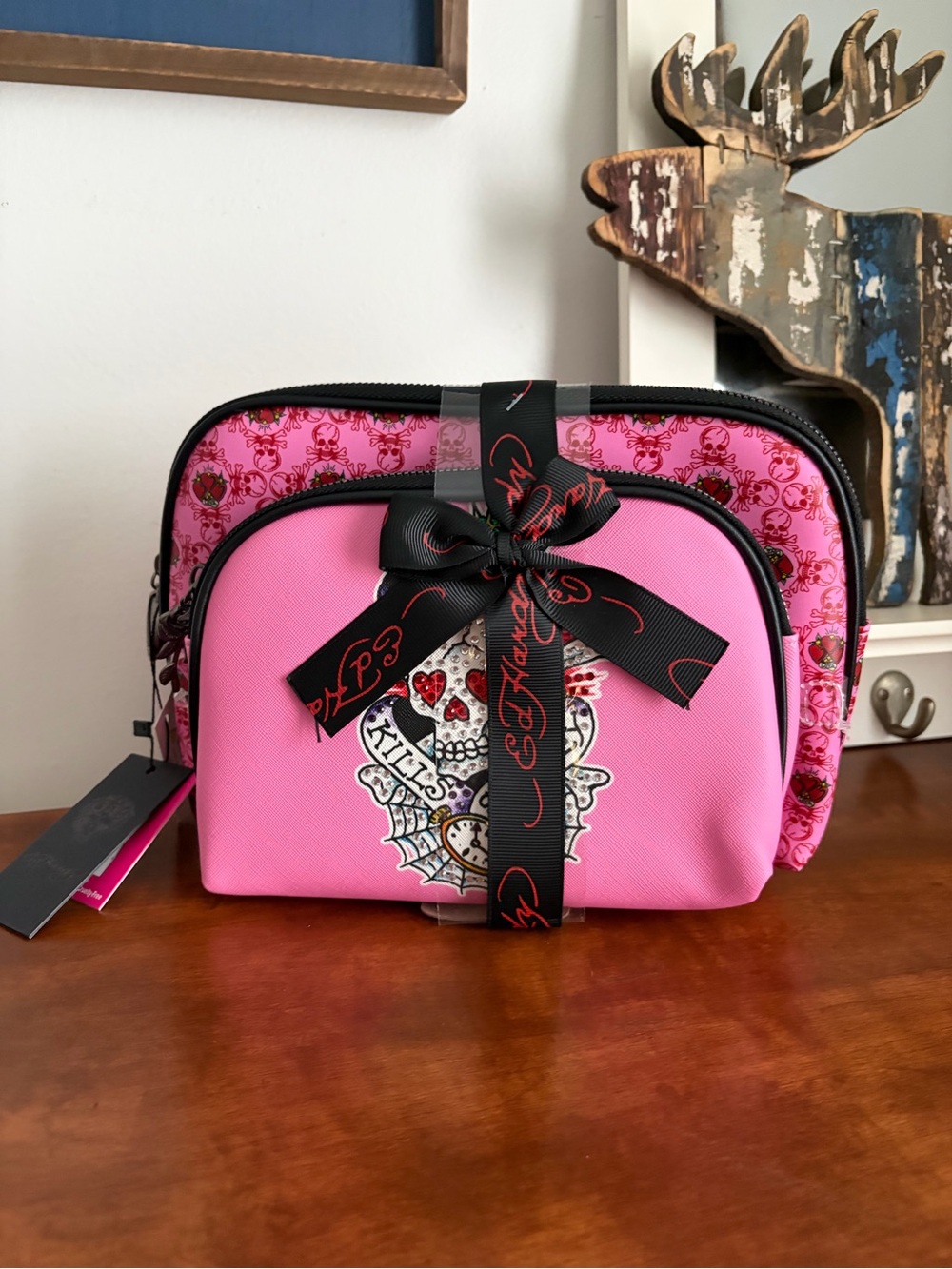 Ed Hardy Pink Skull & Floral Cosmetic Pouch Set NWT